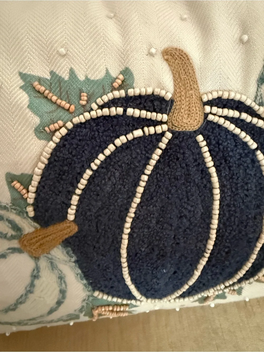 Embroidered Pumpkin Lumbar Pillow in Cream and Teal